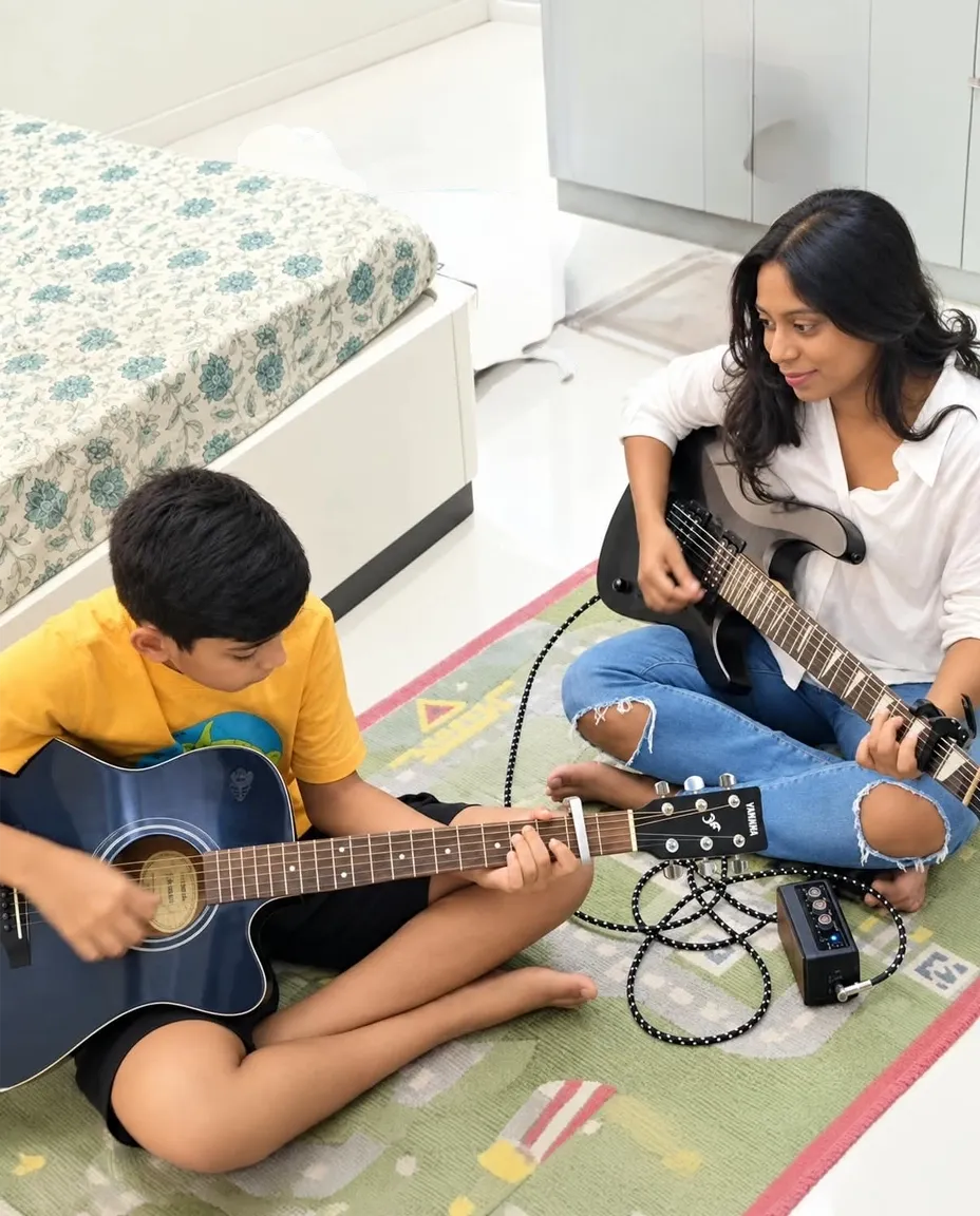A teacher giving a guitar lesson in a student's living room
