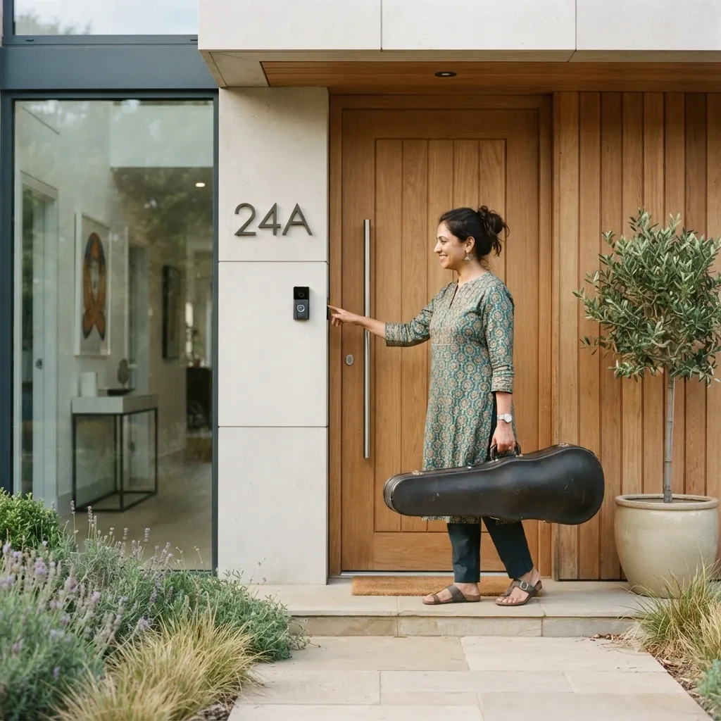 A music teacher arriving at a student's front door