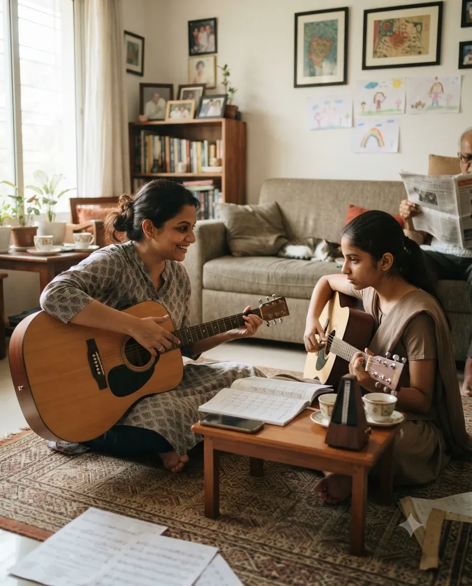 A violin lesson in a family living room